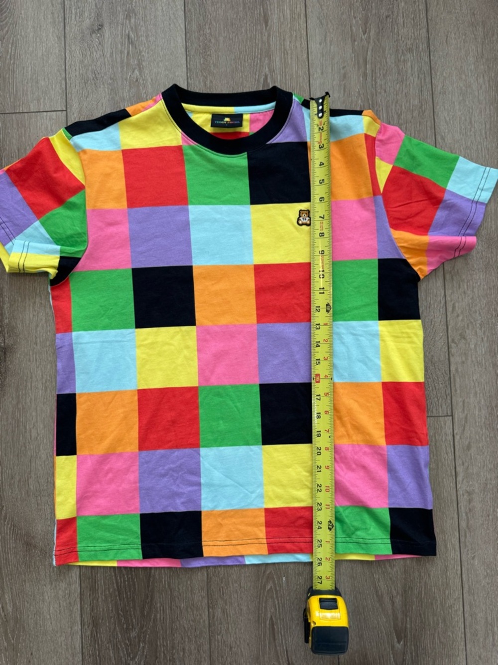 Teddy Fresh Colorblock Patchwork Tee Rainbow Checkerboard Streetwear S - Picture 9 of 9